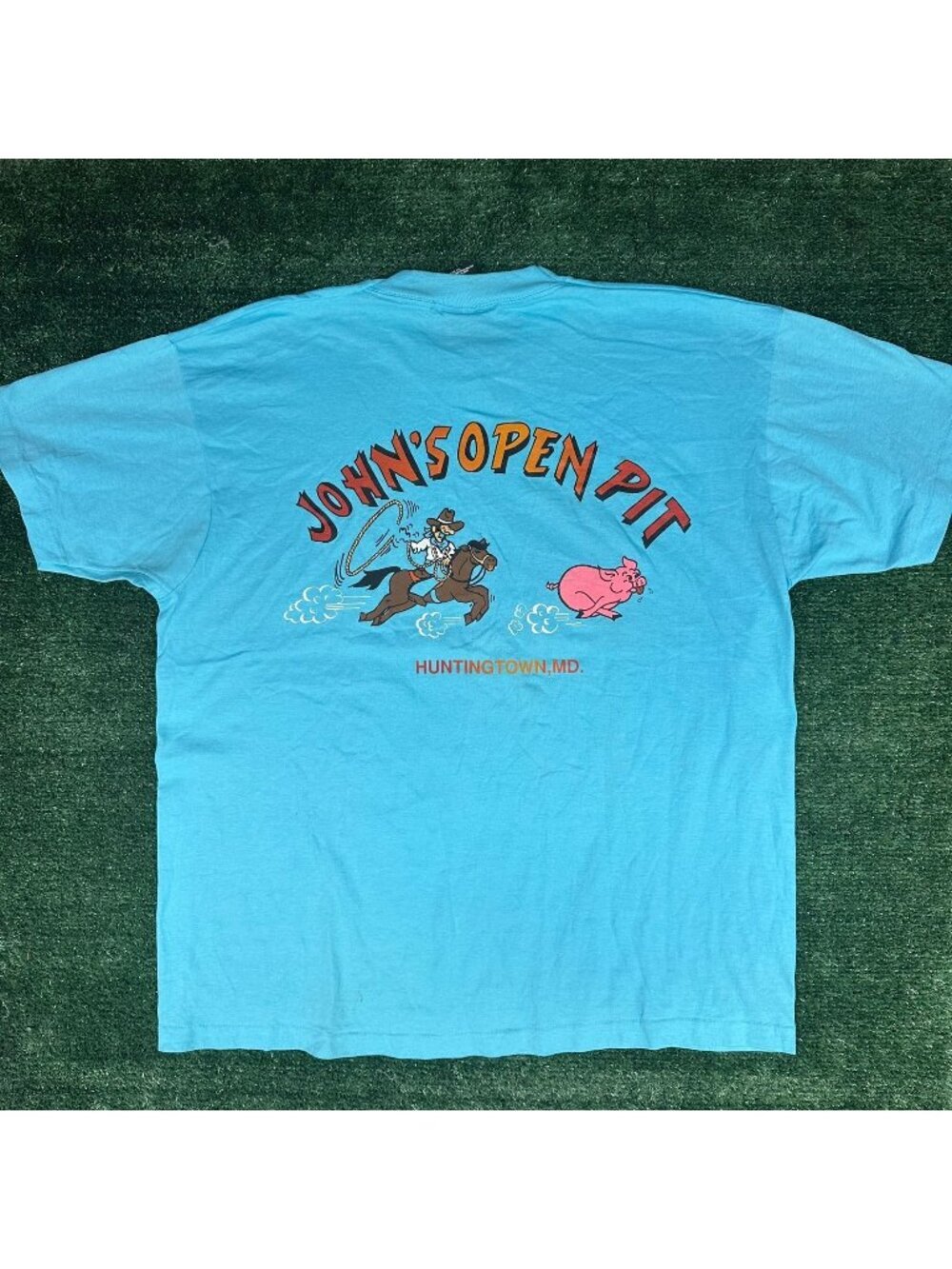 Vintage 90s Barbeque Cowboy T-Shirt Blue XL Single Stitch BBQ Western Souvenir